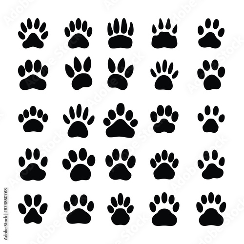 Seamless paw footprint icon different wild animals print silhouette style, vector illustration, full set