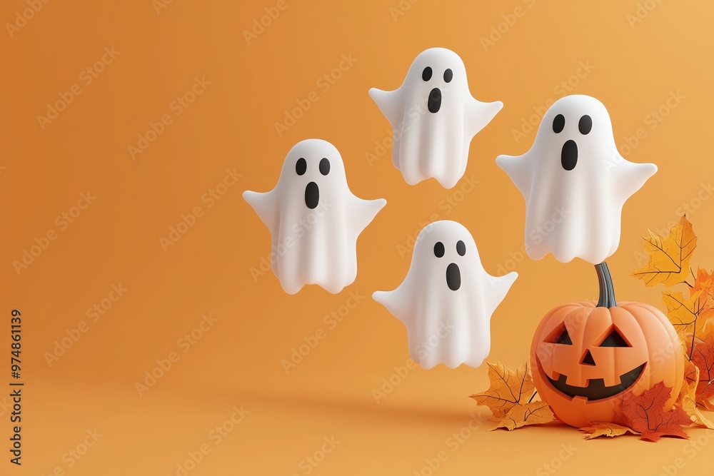 Playful Halloween ghosts float above a carved pumpkin, surrounded by autumn leaves. Perfect for festive decorations or seasonal themes. Playful Halloween ghosts float above a carved pumpkin, surrounded by autumn leaves. Perfect for festive decorations or seasonal themes.