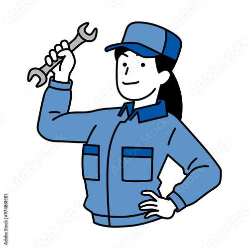 スパナを構えるつなぎ作業服の女性