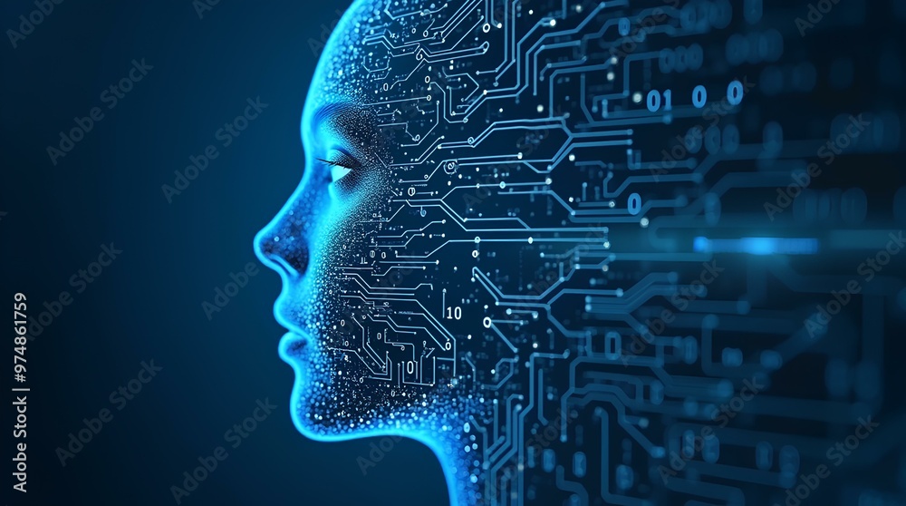 Big data and artificial intelligence concept. Machine learning and cyber mind domination concept in form of women face outline with circuit board and binary data flow on blue background computer AI.