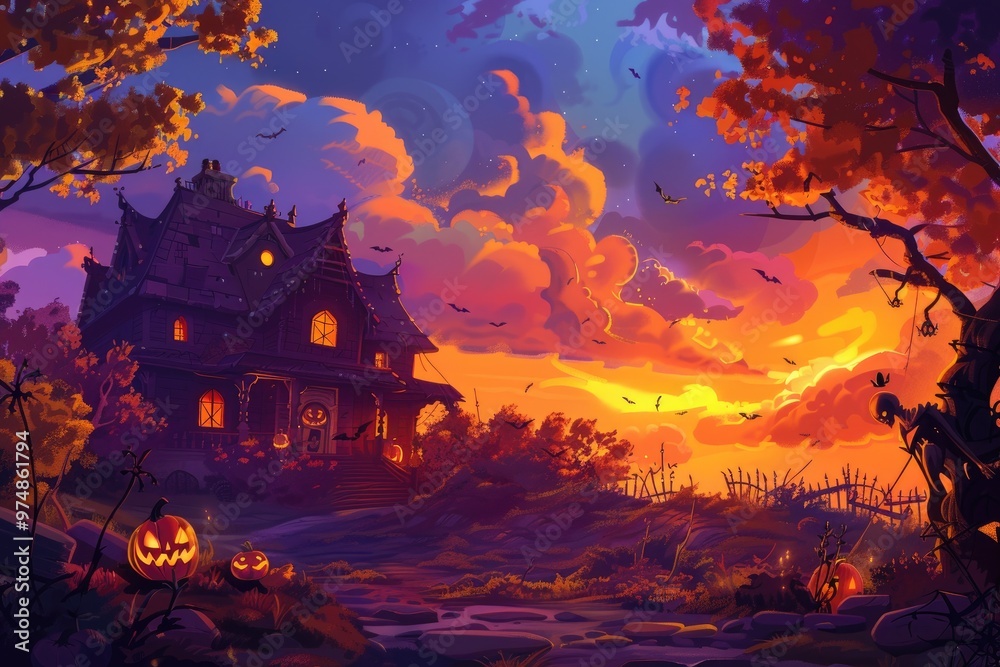 Gothic Haunted Mansion Surrounded by Pumpkins at Twilight.. Gothic Haunted Mansion Surrounded by Pumpkins at Twilight..
