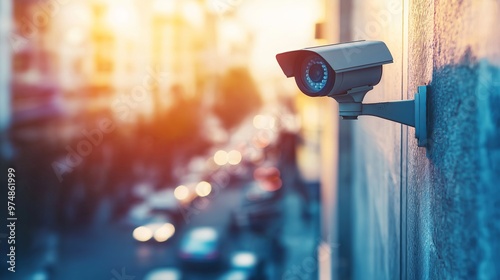 A security camera is mounted on a building wall in a city street