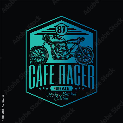 Cafe racer custom motorcycle. Original vector illustration in vintage style isolated on black background. T-shirt design.