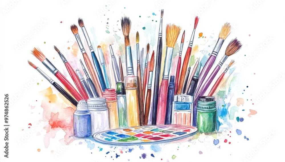 Obraz premium Circle of Creativity - Watercolor Illustration of Art Tools Including Paintbrushes, Markers, and Palette