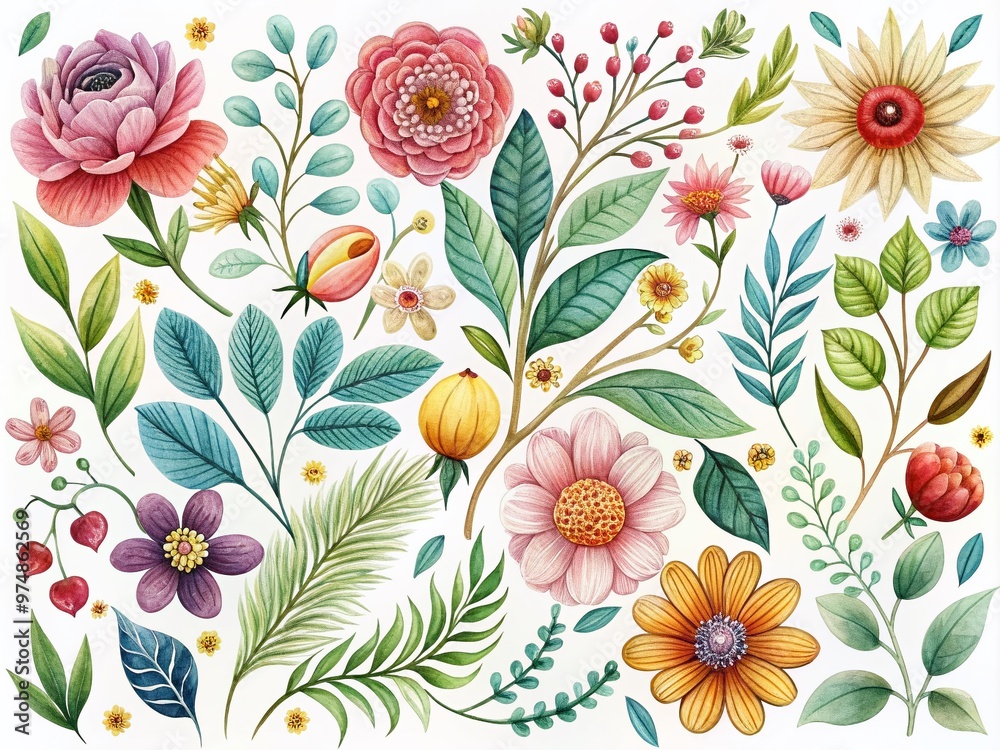 custom made wallpaper toronto digitalElegant hand-drawn botanical illustrations of colorful flowers, intricate leaves, and whimsical vines, set against a