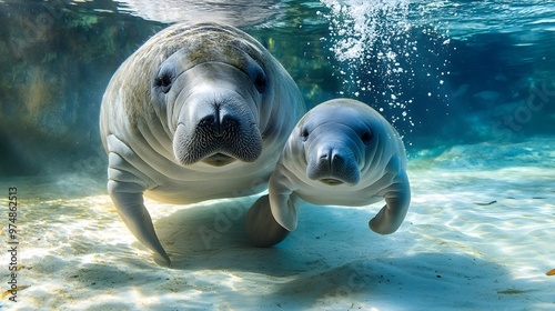 Mother Manatee Swimming with Her Calf in Crystal Clear Water with Air Bubbles, Photo Realistic, Pattern Background, Wallpaper, Cover and Screen for Smartphone, PC, Laptop, 9:16 and 16:9 Format