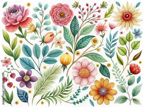 Wallpaper Mural Elegant hand-drawn botanical illustrations of colorful flowers, intricate leaves, and whimsical vines, set against a Torontodigital.ca