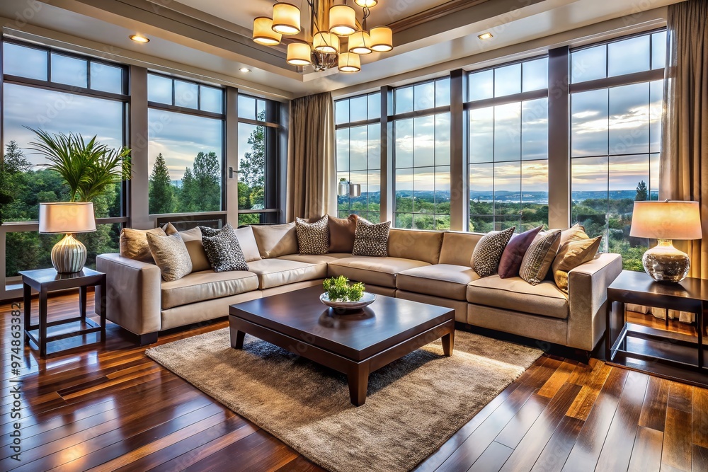 Fototapeta premium Elegant living room with luxurious sectional sofa, coffee table, and modern decor, set against a backdrop of sleek