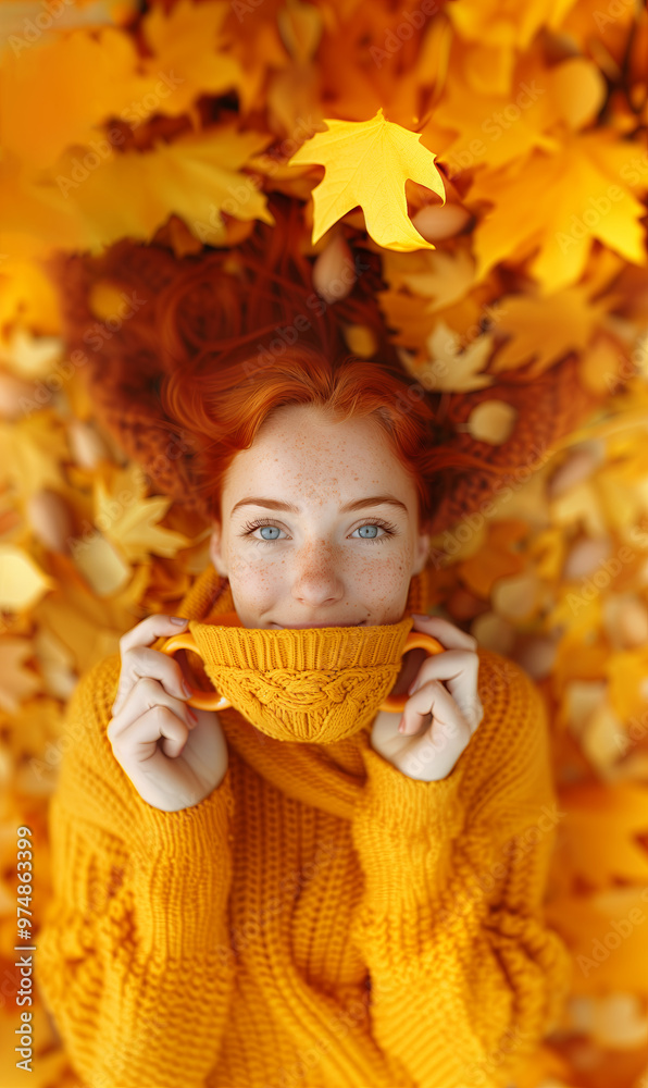 A girl with red hair and blue eyes wearing in a knitted sweater holds a cup in a knitted cover in her hands and looking at the camera shoted against the background of autumn A girl with red hair and blue eyes wearing in a knitted sweater holds a cup in a knitted cover in her hands and looking at the camera shoted against the background of autumn