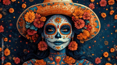 Woman with face paint surrounded by marigolds, celebrating día de los muertos