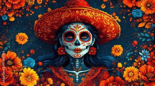 Woman in day of the dead makeup with floral background celebrating dia de los muertos photo