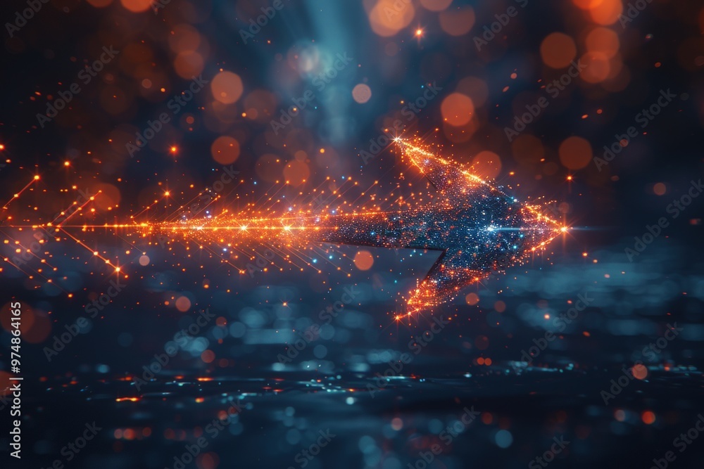 Obraz premium A glowing arrow made of particles points to the right, against a dark background with bokeh lights.
