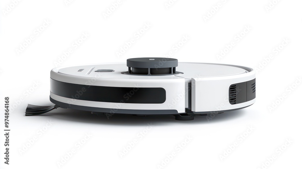 A smart vacuum robot with a docking station, isolate on white background A smart vacuum robot with a docking station, isolate on white background