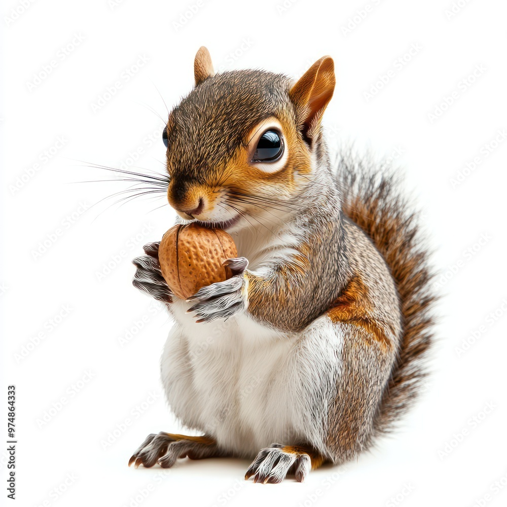 Fototapeta premium A squirrel holding a nut, isolate on white background