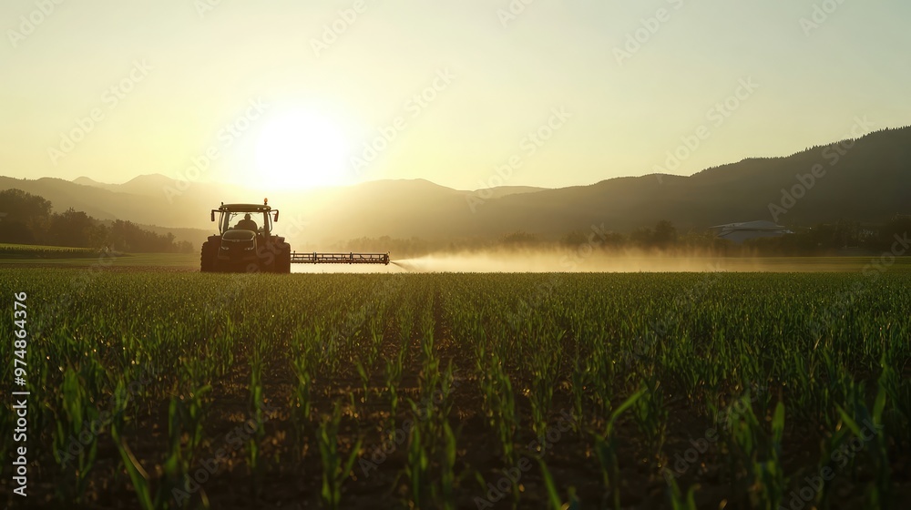 Fototapeta premium Tractor Spraying Pesticides on Corn Field. AI generated illustration