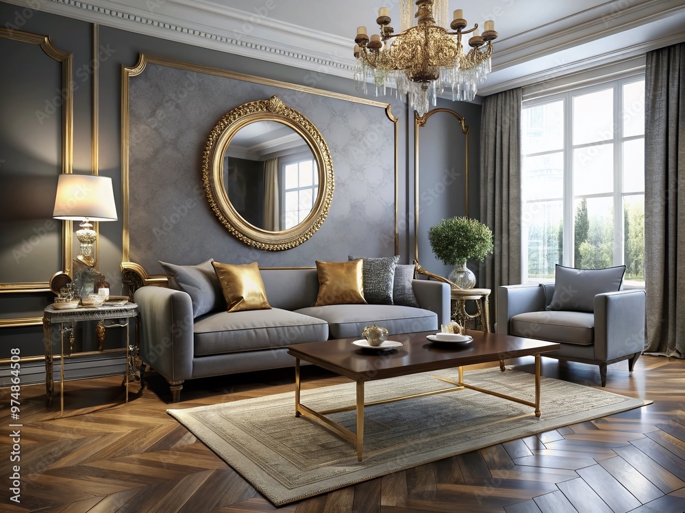Fototapeta premium Elegant modern living room with sleek grey sofa, ornate gold mirror, and stylish coffee table on a richly