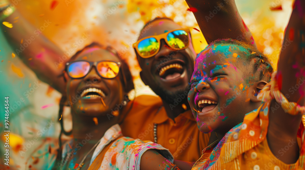 Obraz premium Cheerful african american family at the festival of colors Holi 