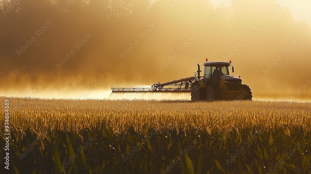 Fototapeta premium Tractor Spraying Pesticides on Corn Field. AI generated illustration