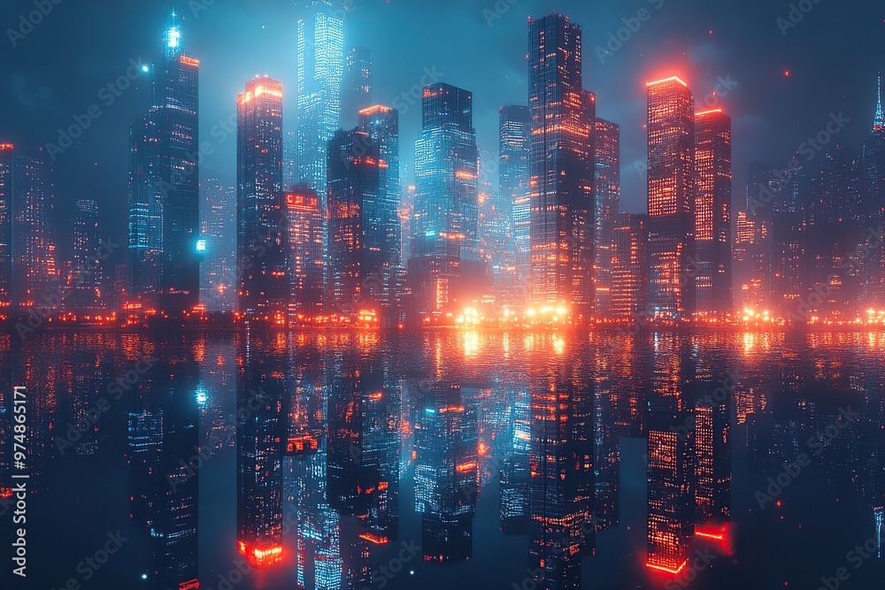 Fototapeta premium Futuristic cityscape with glowing buildings reflecting on the water.