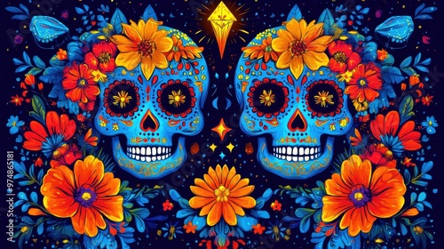 Vibrant day of the dead skull design with colorful floral patterns and glowing accents photo