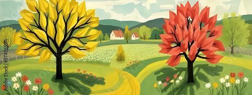 illustraione di paesaggio primaverile con campagna in fiore