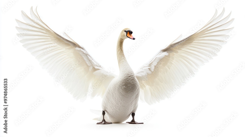 Fototapeta premium A white swan spreading wings, isolate on white background