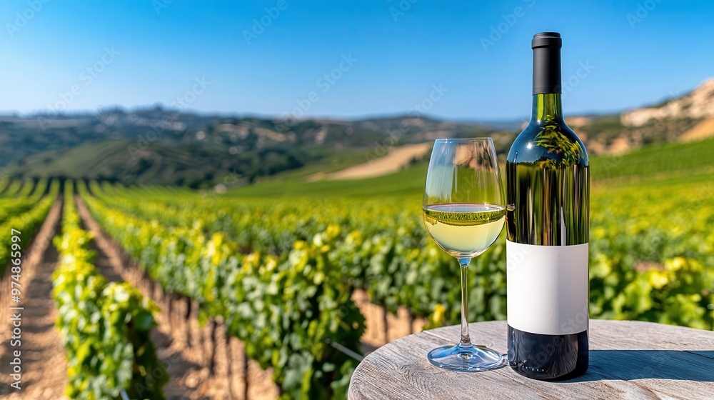 Aerial view of a sprawling vineyard, rows of grapevines extending across the hillside, a bottle of wine and a glass on a table overlooking the stunning vineyard landscape Aerial view of a sprawling vineyard, rows of grapevines extending across the hillside, a bottle of wine and a glass on a table overlooking the stunning vineyard landscape