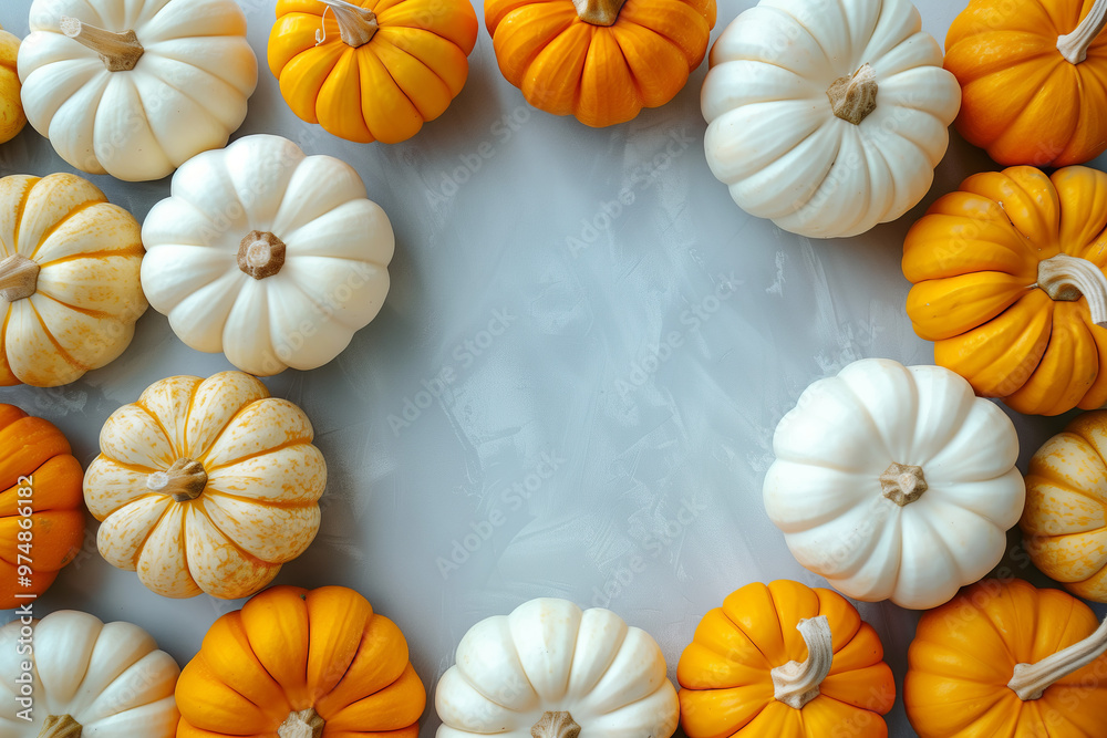 Autumn pumpkins in pastel fall colors top view. White, yellow and orange color. Copy space. Top of view Autumn pumpkins in pastel fall colors top view. White, yellow and orange color. Copy space. Top of view