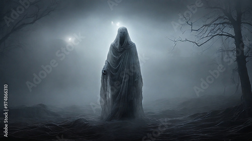 Chillingly spectral ghost draped in a tattered sheet on dark foggy night, Halloween or Friday the 13th concept.