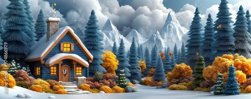 A cozy cabin surrounded by snowy mountains and autumn trees, evoking a serene and peaceful winter landscape. photo