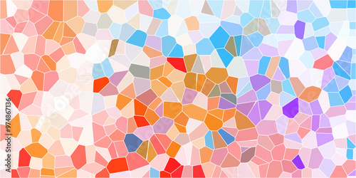 Abstract mosaic made of broken crockery and tableware background. Mosaic pattern with an orange , blue and multi-color palette light elegant marble ceramic pieces wall background.