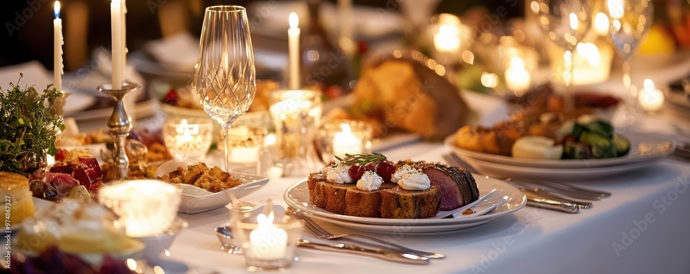 A birthday dinner party with elegant table settings, candles, and gourmet food A birthday dinner party with elegant table settings, candles, and gourmet food