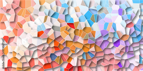 Abstract mosaic made of broken crockery and tableware background. Mosaic pattern with an orange , blue and multi-color palette light elegant marble ceramic pieces wall background.