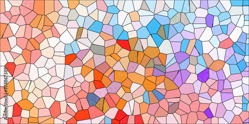 Abstract mosaic made of broken crockery and tableware background. Mosaic pattern with an orange , blue and multi-color palette light elegant marble ceramic pieces wall background.