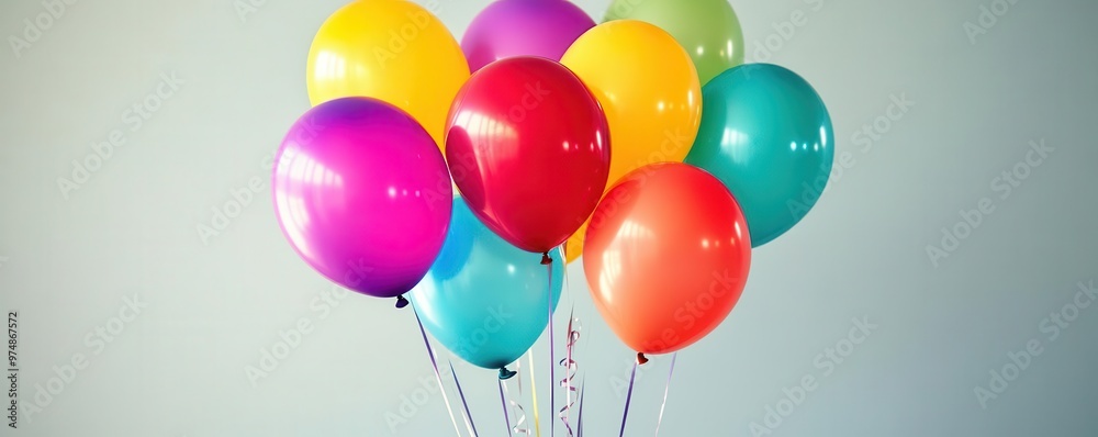 A bunch of bright and cheerful birthday balloons floating in the air A bunch of bright and cheerful birthday balloons floating in the air