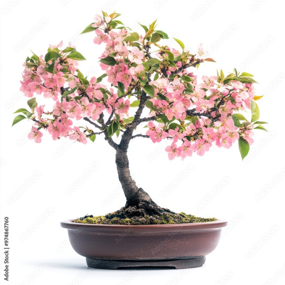 Bonsai with blooming flowers isolate on white background, spring, Bonsai with blooming flowers isolate on white background, spring,