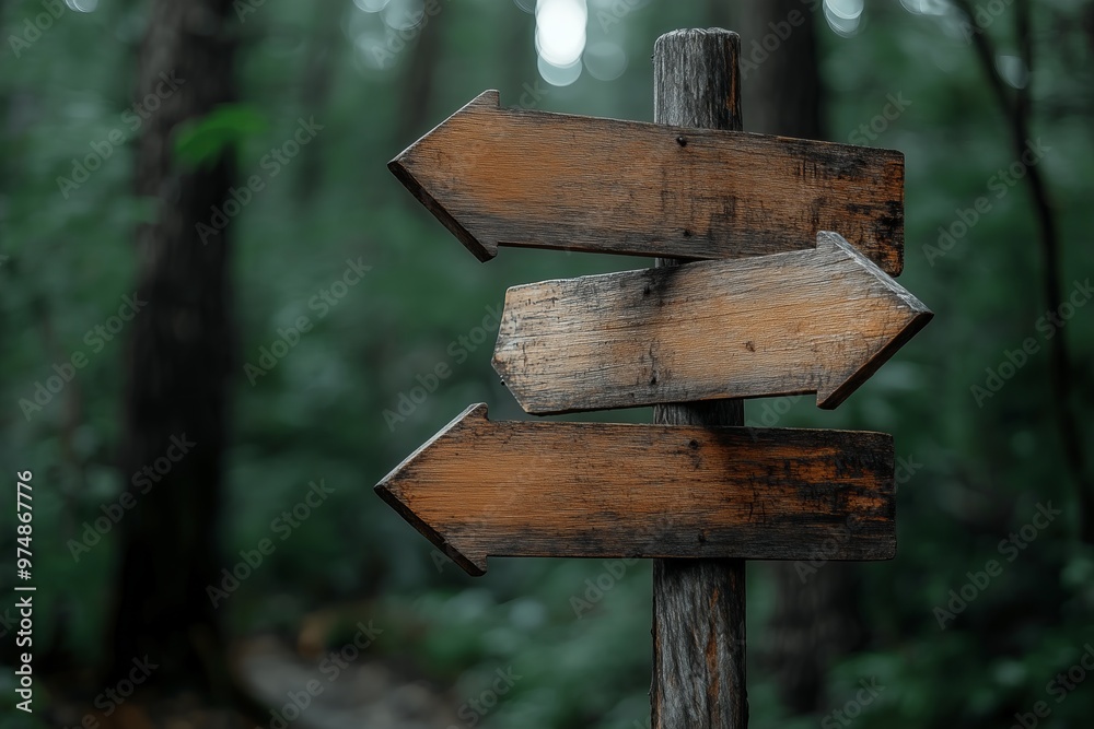 A weathered wooden signpost with three arrows points in different directions in a forest A weathered wooden signpost with three arrows points in different directions in a forest