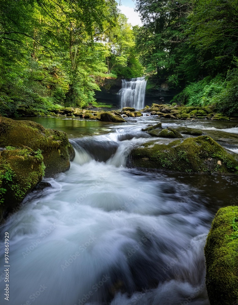 Rushing River with Cascading Waterfalls Surrounded by Lush Green Vegetation Rushing River with Cascading Waterfalls Surrounded by Lush Green Vegetation