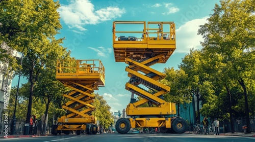 Yellow construction boom lift and scissor lift parked on urban street, industrial lifting equipment for building maintenance and repair work. AI generated illustration.