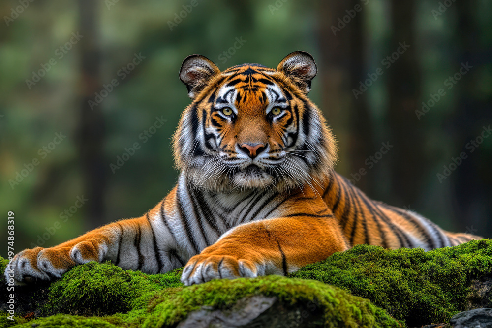 Obraz premium Tiger lying on mossy rock