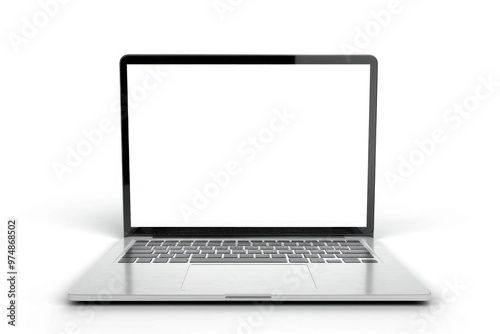 A laptop computer with a blank screen sitting on a white surface