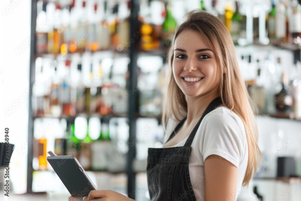 A woman stands in front of a bar, looking at her cell phone A woman stands in front of a bar, looking at her cell phone