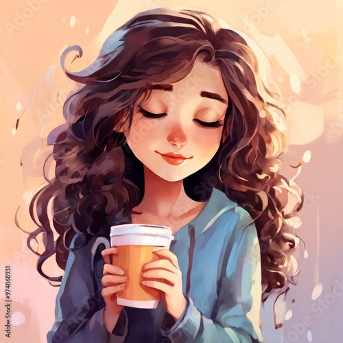 A serene illustration of a young woman with curly hair holding a warm cup of coffee or tea. Her closed eyes and soft smile convey relaxation and contentment in a cozy, tranquil moment.