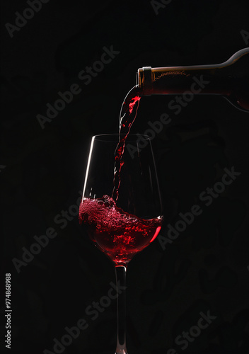Glass with red wine, splashes being poured from a bottle on a black background