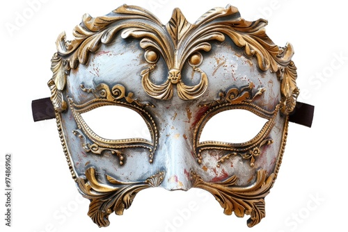 A close-up of a white and gold mask on a white background, perfect for use in beauty or fashion concepts