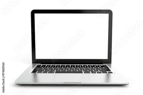 A close-up shot of a laptop with a blank screen on a white background, ideal for use in presentations or product demos