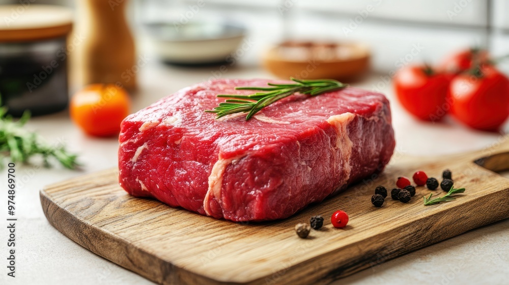 Fresh cut beef steak on wooden board with herbs and spices Fresh cut beef steak on wooden board with herbs and spices