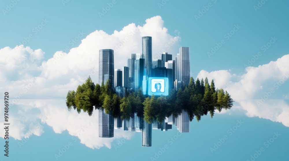 Fototapeta premium Augmented reality campaign planning, city landscape, digital hologram ads