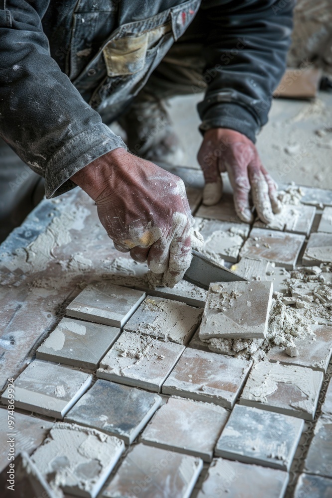 A person manually tiling a surface using a knife, a labor-intensive process A person manually tiling a surface using a knife, a labor-intensive process