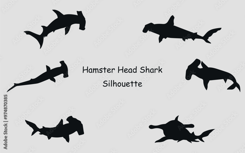 Obraz premium Black silhouettes of a hammerhead shark. Vector on a gray background
